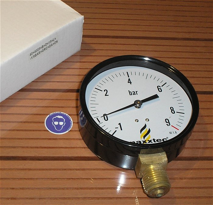 hq Druckanzeige Manometer analog -1 + 9 bar groß 100mm Maxxtec Kl 1.6