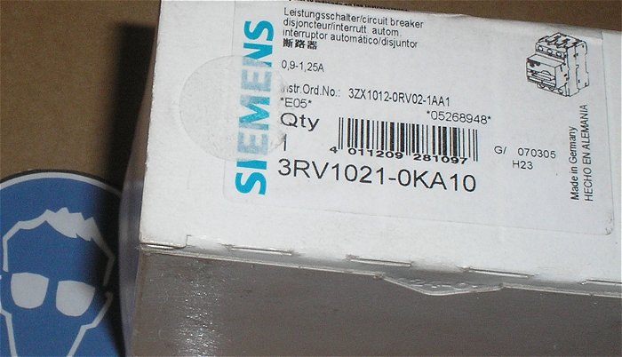 hq1 Motorschutzschalter 0,9-1,25A Ampere Siemens 3RV1021-0KA10 EAN 4011209281097