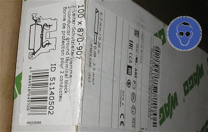 hq2 ca 100x Klemme Reihenklemme Schutzleiter 2,5mm² qmm Wago 870-907 EAN 4044918649728
