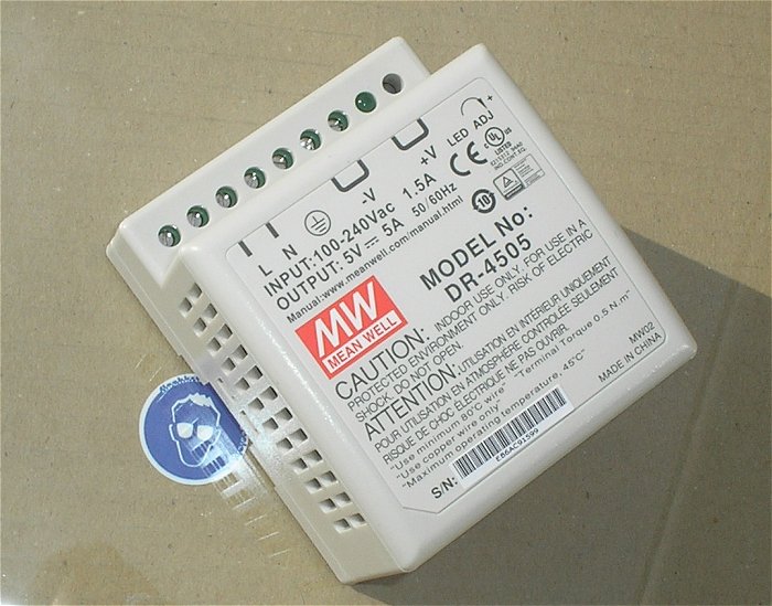 hq1 Netzteil 230V AC auf 5V DC 5A Meanwell MW MDR-4505 EAN 4021087017510