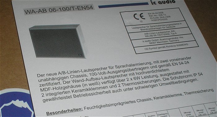 hq3 1 Stück ELA Lautsprecher 100V Volt 2x6W IC Audio WA-A B 06-100 T-EN54