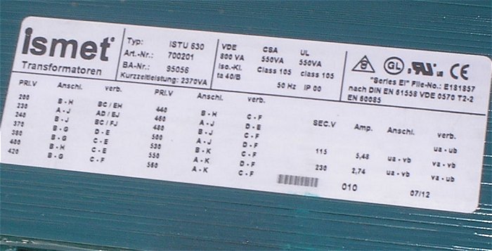 hq6 Transformator 230V oder 400V auf 115⁄230V AC 550VA Ismet ISTU 630