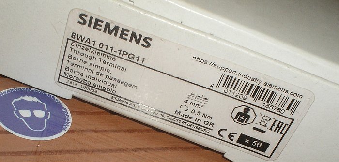 hq2 ca 50x Klemme 4mm² PE Siemens 8WA1 011 1011-1PG11 EAN 4011209156760
