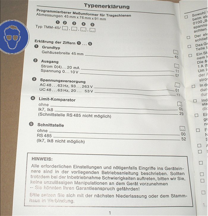 hq3 Messumformer Jumo TMM-45⁄11.01.00.00 230V AC 4-20mA 00200474