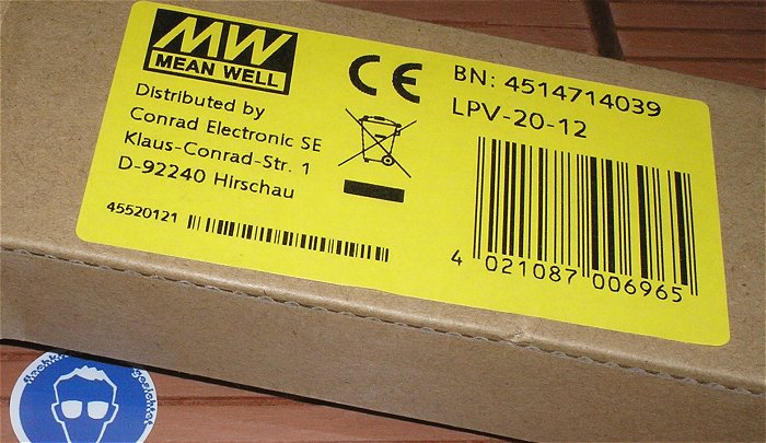 hq2 Netzteil 230V Volt AC auf 12V DC 1,67A Ampere MW Meanwell LPV-20-12 EAN 4021087006965