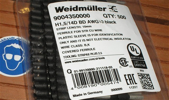 hq2 ca 500x Aderendhülsen 1,5mm² Weidmüller H1,5 14D BD AWG13 9004350000 EAN 4008190005474