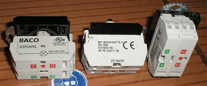 hq1 3x Kontaktelement mit Schließer Kontakt Element und LED rot 24V AC DC Baco 33RARL