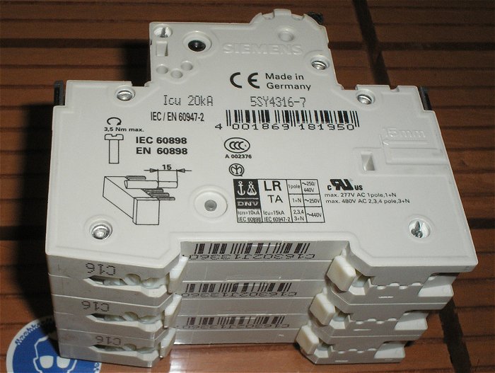 hq1 Leitungsschutzschalter LS Automat Sicherung C16 A Ampere 3polig Siemens EAN 4001869181950