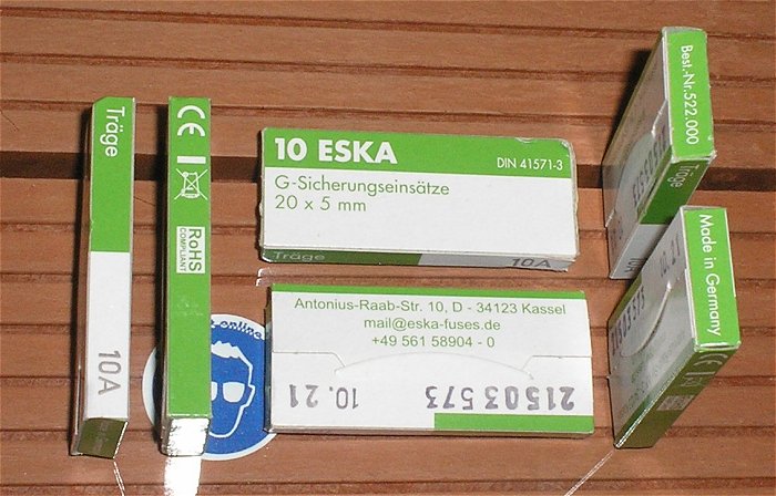 hq3 10x Glassicherung G-Sicherungseinsätze 5x20 mm 10A Ampere träge Eska 522.500 522500