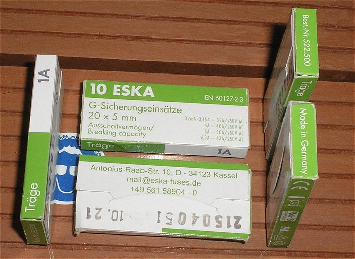 hq3 10x Glassicherung G-Sicherungseinsätze 5x20 mm 1A Ampere träge Eska 522.500 522500