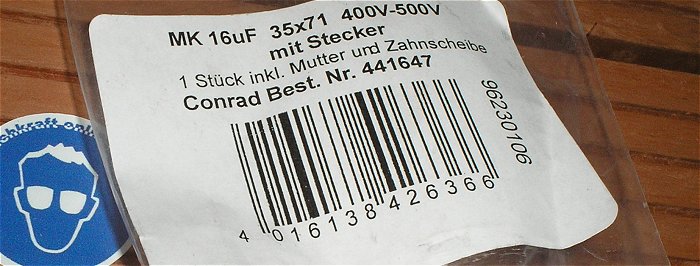 hq3 Motorkondensator 16µF 450V AC 35x71 Weltron Icar WB40160 A 441647 EAN 4016138426366