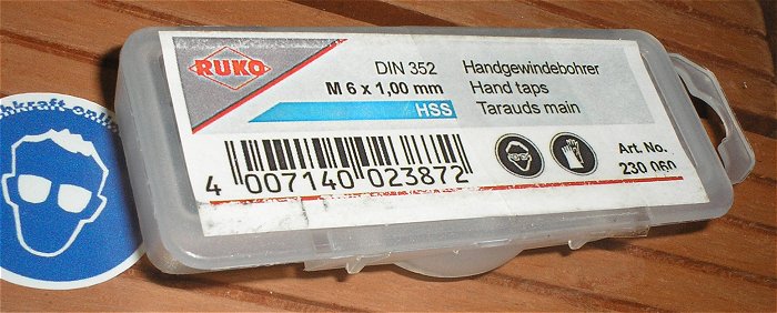 hq1 Handgewindebohrer Satz M6 x 1,00mm 3 teilig HSS DIN 352 Ruko 230060 EAN 4007140023872