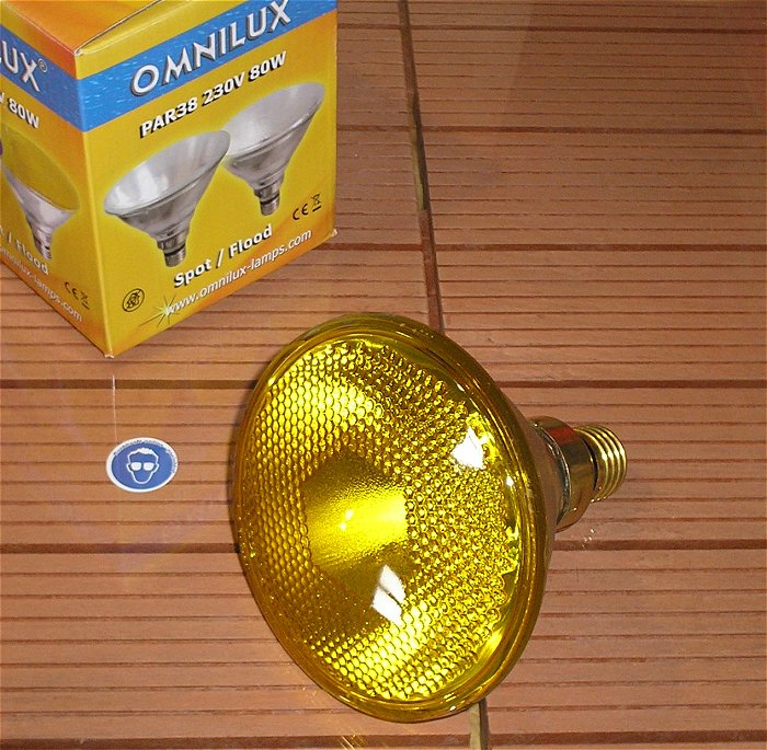 hq Leuchtmittel PAR 38 gelb 230V 80W E-27FL 2000H Halogen Omnilux 88081305 EAN 4026397102499