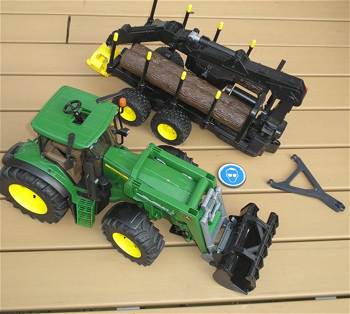 hq Traktor Trecker mit Schaufel Holzanhänger Baumstämme Bruder John Deere 7930