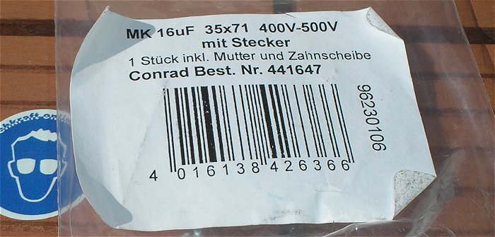 hq2 Kondensator 35x71 400-500V MK 16µF mu mikro F Farad Conrad 441647 EAN 4016138426366