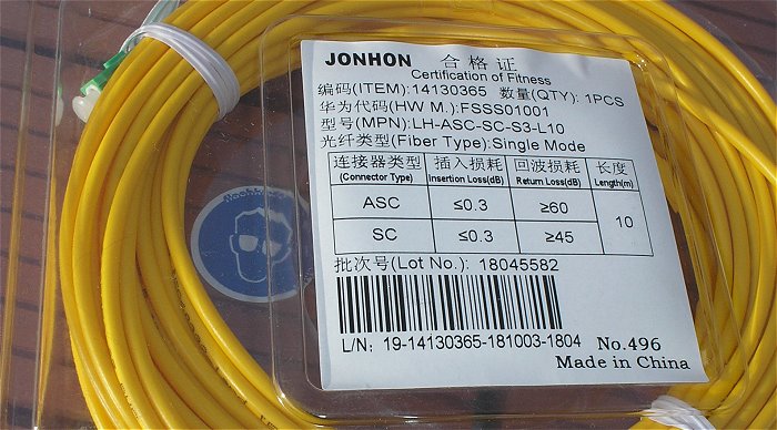 hq1 Glasfaserkabel Fiber Optic LWL Leitung 10m Jonhon 14130365 LH-ASC-SC-S3-L10