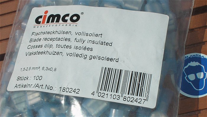 hq2 ca 100x Flachsteckhülsen 1,5-2,5mm² 6,3 x 0,8 blau Cimco 180242 EAN 4021103802427
