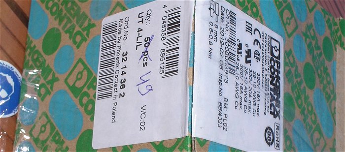 hq3 ca 49x Klemme Reihenklemme 4mm² Phoenix Contact UT 4-L L 3214362 EAN 4046356895125