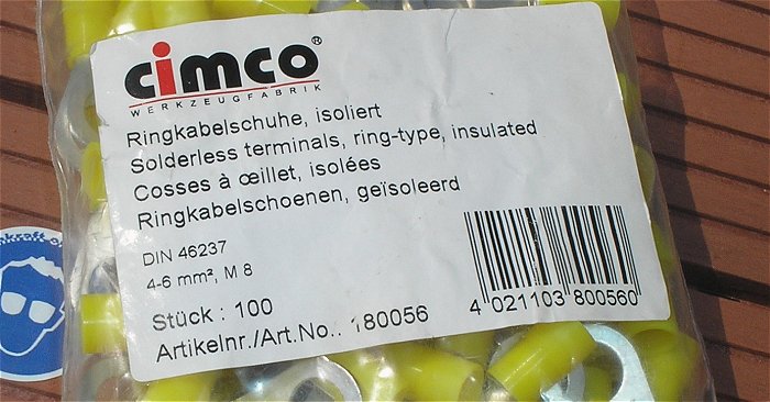 hq2 100x Kabelschuh Ringkabelschuhe 4-6mm² M8 gelb Cimco 180056 EAN 4021103800560