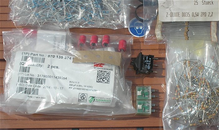 hq5 Widerstand Elko Kondensator Z-Diode IC Sockel Sicherungen Drossel LED Kühlkörper