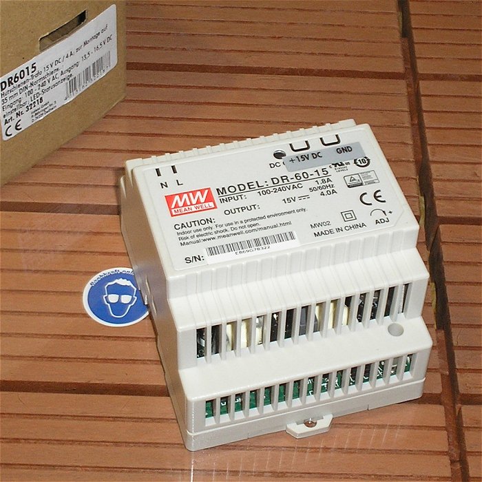 hq Schaltnetzteil 230V Volt AC auf 15V DC 4A Mean Well DR6015 32218 EAN 4015162322187