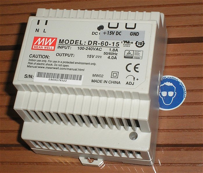 hq1 Schaltnetzteil 230V Volt AC auf 15V DC 4A Mean Well DR6015 32218 EAN 4015162322187