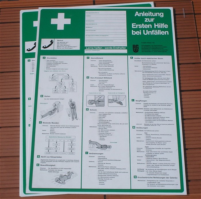 hq Schild PVC 50x36cm 500x360mm BG Anleitung zur Ersten Hilfe bei Unfällen 10 1991