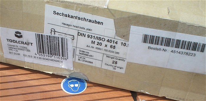 hq3 25x Sechskantschrauben M20 x 65 DIN931 ISO4014 10.9 Toolcraft EAN 4053199115396