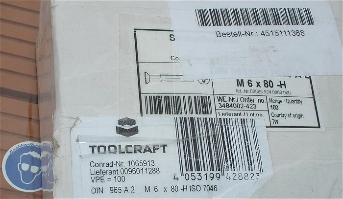 hq3 ca 100x Schrauben Senkkopf Kreuz A2 Edelstahl M6 x 80 -H Toolcraft EAN 4053199428823