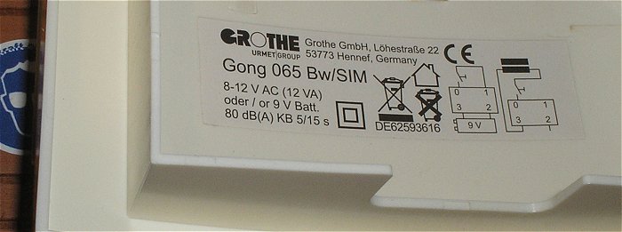 hq2 Zweiklang-Gong Türklingel 8-12V Volt AC 9V DC Grothe 065 Bw SIM 44065  EAN 4011459440657