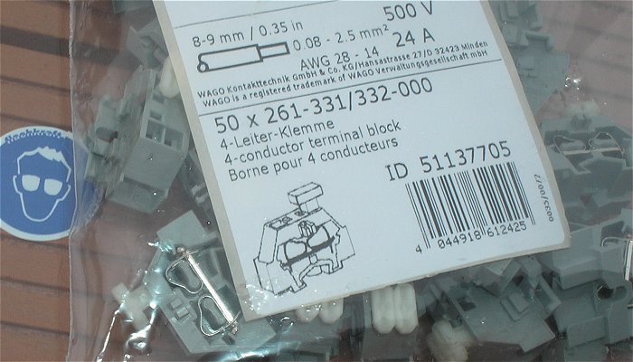 hq4 ca 50x Mini 4-Leiter-Klemme 2,5mm² grau Wago 261-331 332-000 EAN 4044918612425