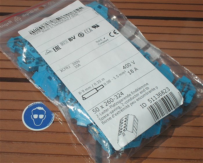 hq3 ca 50x Klemme Reihenklemme 1,5mm² blau Wago 260-324 EAN 4044918599481