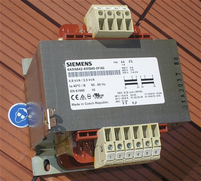 hq2 Trafo 230⁄400⁄440V AC auf 48V⁄24V 500VA Siemens 4AM3842-8MB40-0FA0 EAN 4019169940719