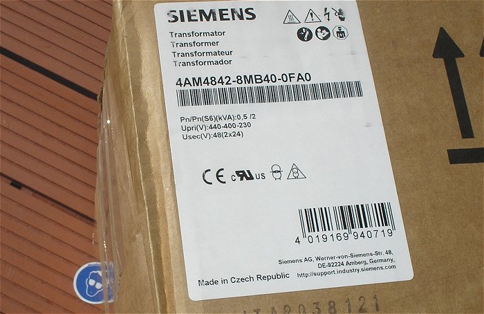 hq4 Trafo 230⁄400⁄440V AC auf 48V⁄24V 500VA Siemens 4AM3842-8MB40-0FA0 EAN 4019169940719