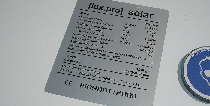 hq10 Solarpanel Solarmodul Solarzelle 30W Watt für 12V Volt DC 18V 1,67A max Lux Pro