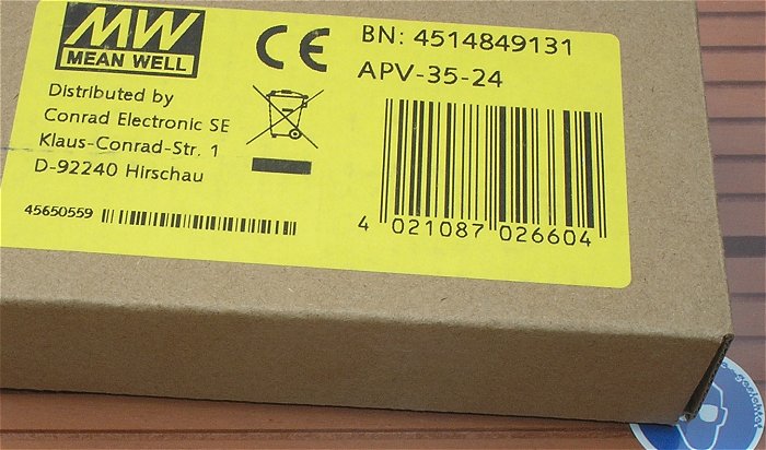 hq2 Netzteil 230V Volt AC auf 24V DC 1,5A Ampere Mean Well APV-35-24 EAN 4021087026604