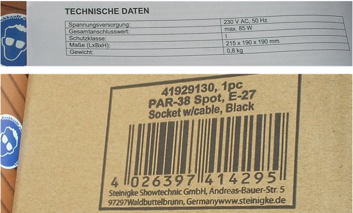 hq11 2x PAR 38 Spot Scheinwerfer Gehäuse schwarz E-27 Sockel Steinigke EAN 4026397414295