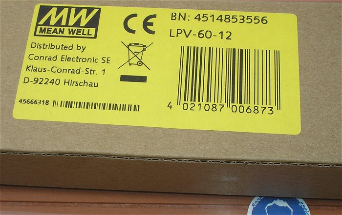 hq2 Netzteil 230V Volt AC auf 12V DC 5A Ampere Mean Well LPV-60-12 EAN 4021087006873