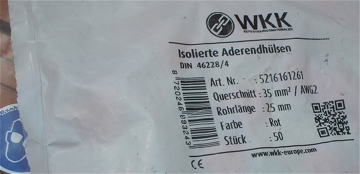 hq1 ca 23x Aderendhülsen isoliert 35mm² 25mm Länge WKK 5216161261 EAN 8720246893243