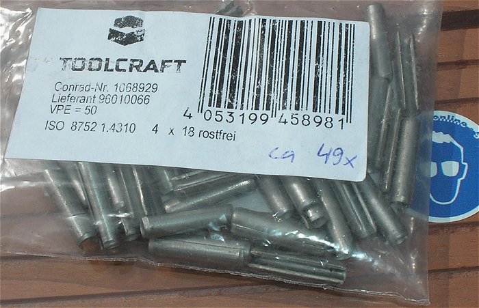 hq2 ca 49x Spannstifte rostfrei 4 x 18mm Toolcraft 1068929 EAN 4053199458981