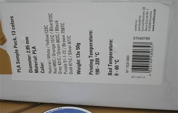 hq1 PLA Filament Sample Pack Sortiment 2.85mm 2,85mm f. 3D-Drucker ca 1kg mit Karton