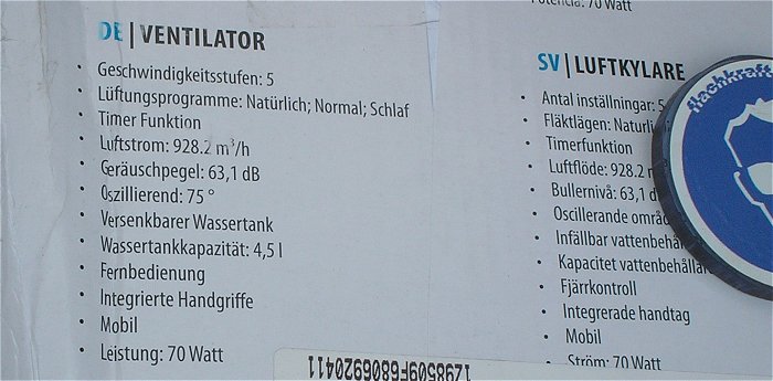 hq6 Luftkühler Lüfter Lufterfrischer 230V AC Tristar AT-5450 1303367 EAN 8713016008800