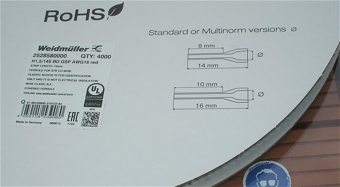 hq2 ca 4000x Aderendhülsen Aderendhülse 1,5mm² 10mm Weidmüller EAN 4050118539080