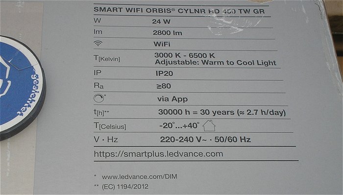 hq7 LED Leuchte 230V 24W Ledvance Smart Wifi Orbis Cylnr RD 450 TW GR  EAN 4058075486584