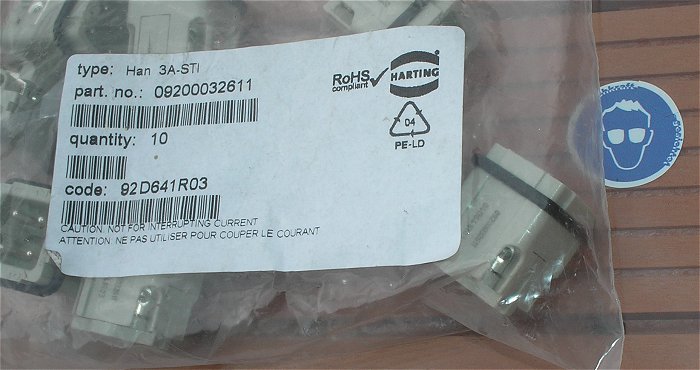 hq3 Stecker Steckverbinder Kontakt Einsatz 4Pin 3 + PE Harting Han 3A-STI 09200032611