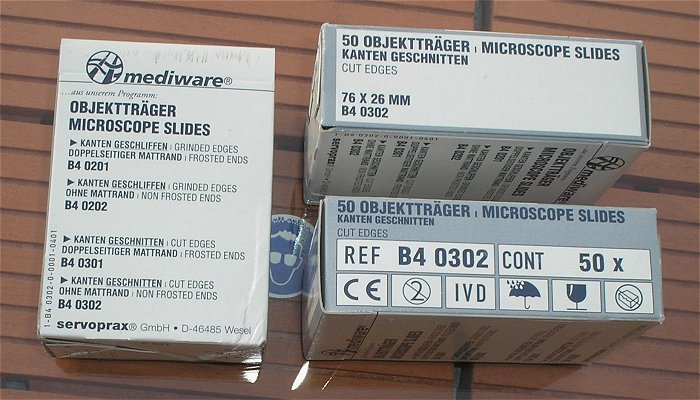 hq2 ca 50 Stück Glas-Objektträger für Mikroskop 76 x 26mm Servoprax Mediware B4 0302 