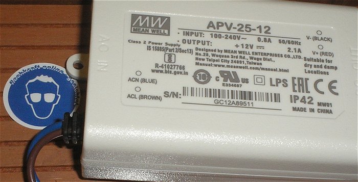 hq1 Netzteil 230V Volt AC auf 12V DC 2,1A Ampere MW Meanwell APV-25-12 EAN 4021087026673