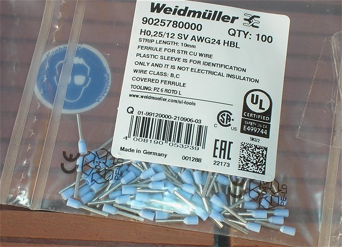 hq1 5x 100 Stück Aderendhülsen 0,25mm² Weidmüller 9025780000 EAN 4008190053239