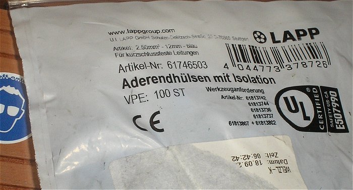 hq2 100x Aderendhülsen 2,5mm² 12mm blau Lapp 61746503 EAN 4044773378726