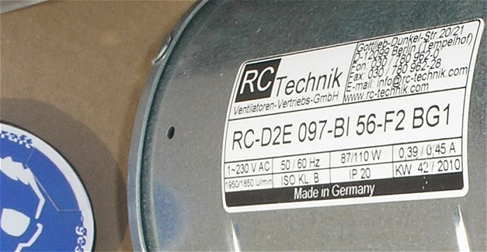 hq5 Lüfter Radiallüfter 230V Volt AC 87W RC Technik RC-D2E 097-BI 56-F2 BG1 029.208959